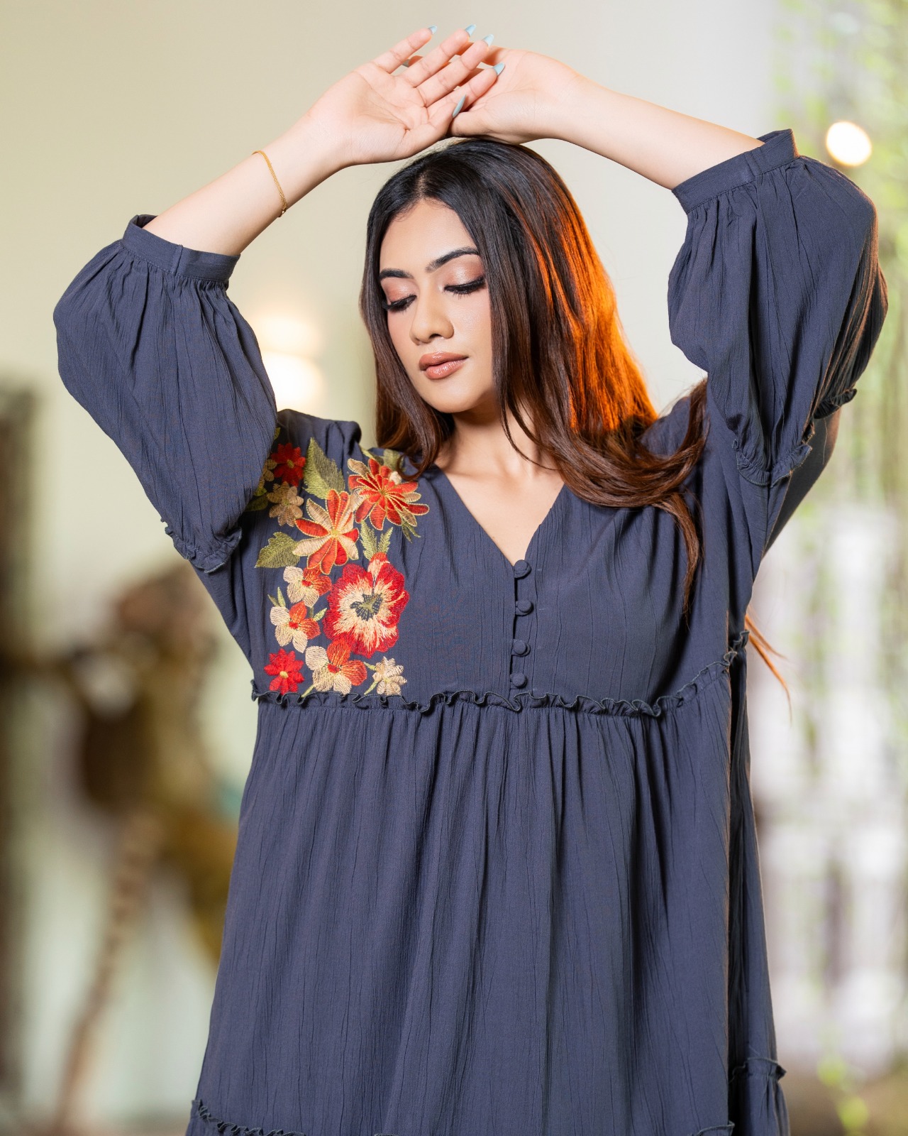 The Meadow Embroidered Gathered Short Dress - Image 5