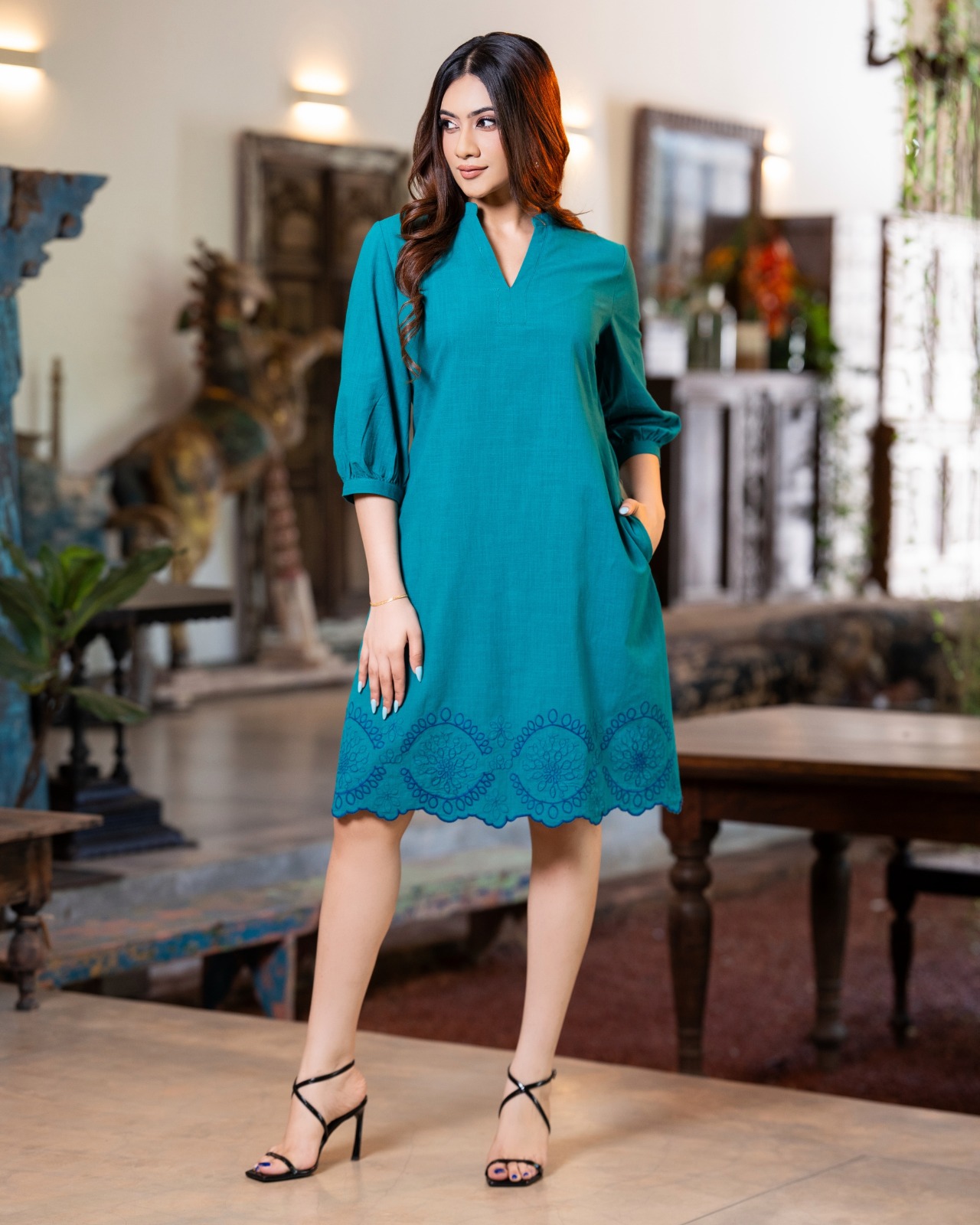 V-Neck Short Shift Dress with Scalloped Hem Embroidery - Image 3