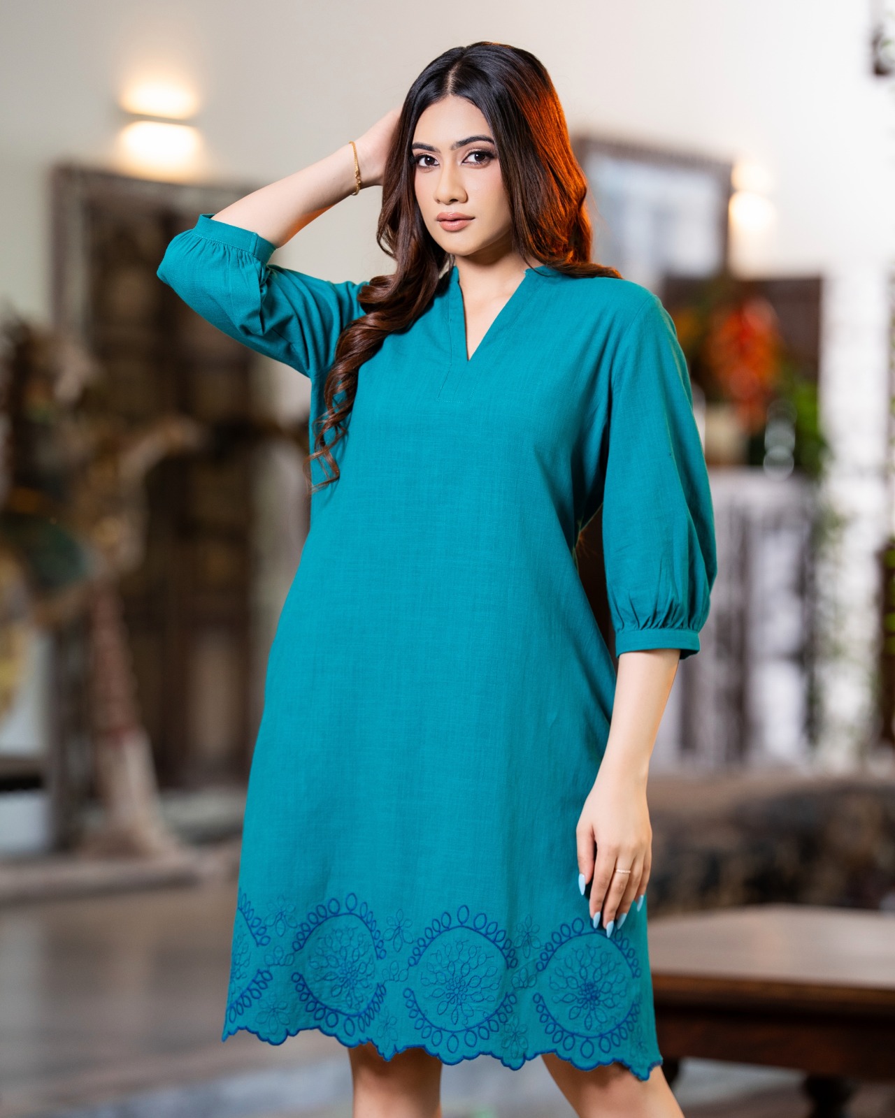 V-Neck Short Shift Dress with Scalloped Hem Embroidery - Image 4