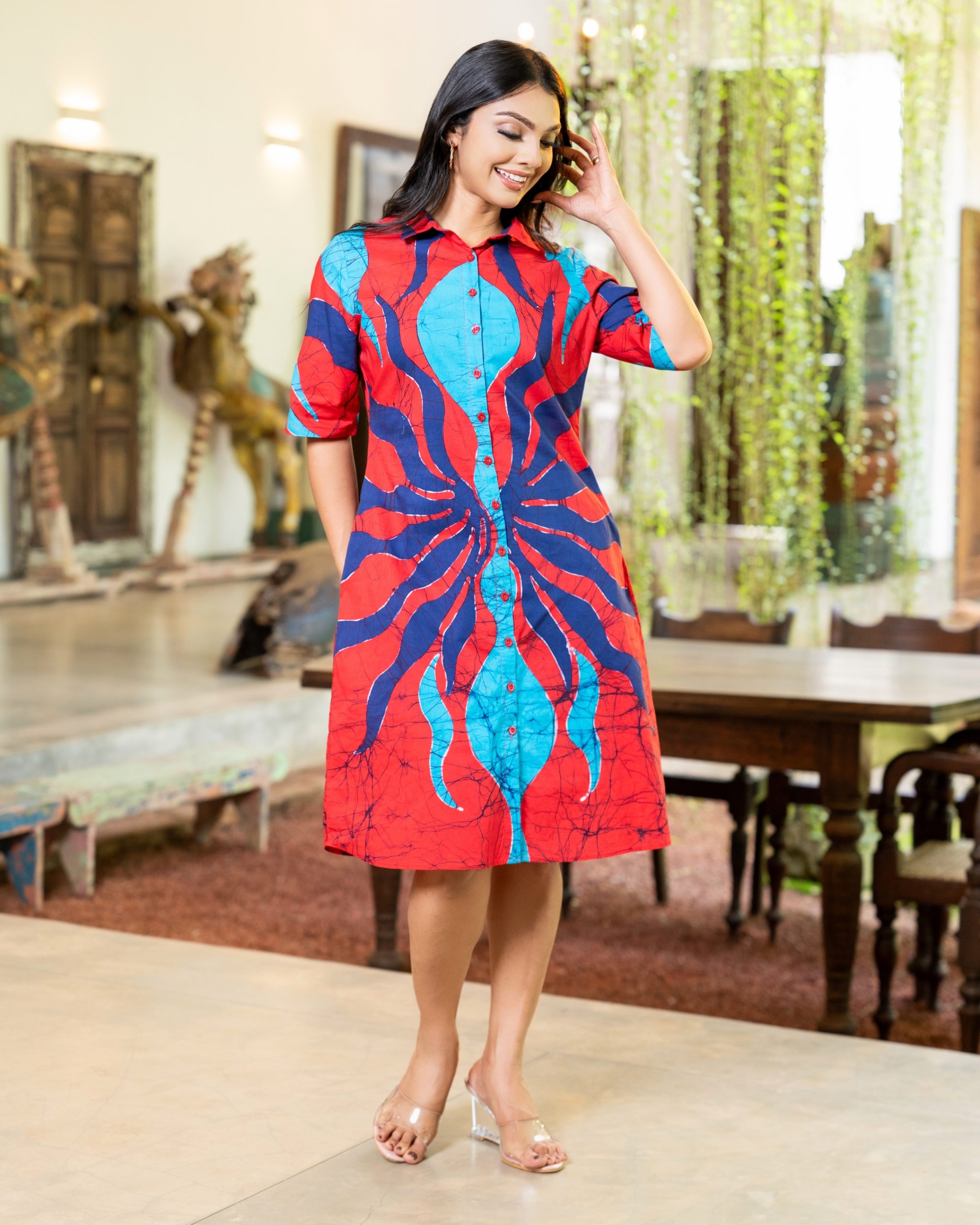 The Crimson Wave Batik Short Shirt Dress - Image 4