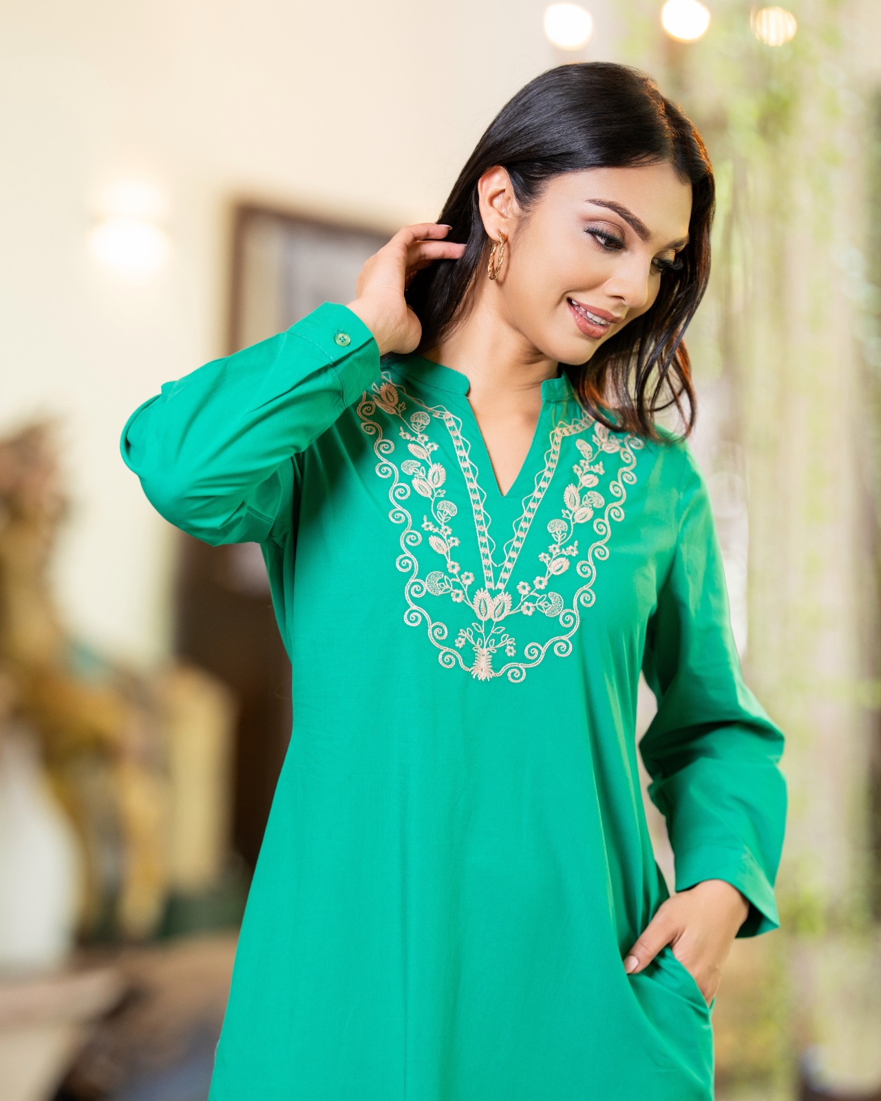 Royal Jade Embroidered Split-Neck Midi Dress - Image 2