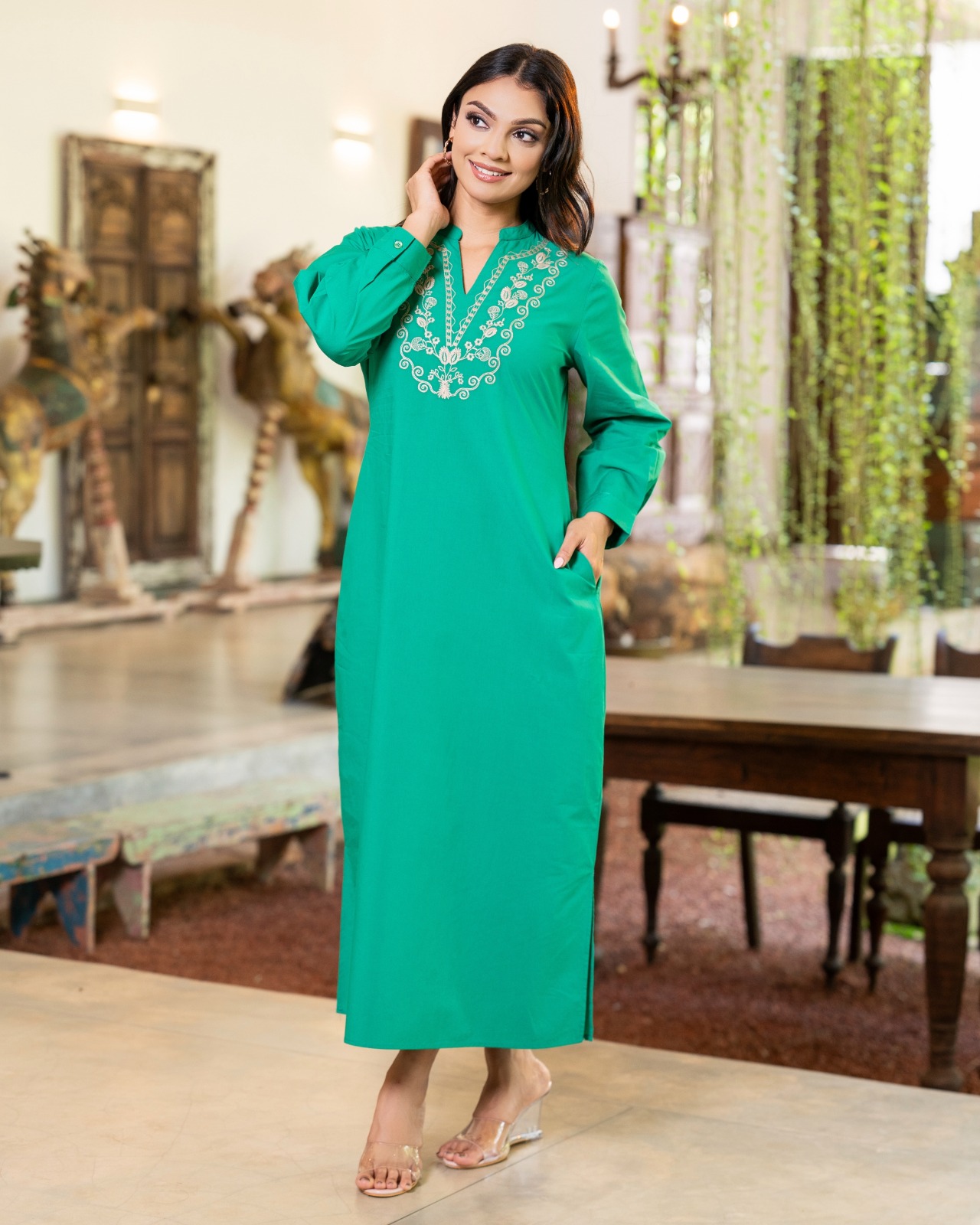Royal Jade Embroidered Split-Neck Midi Dress - Image 3