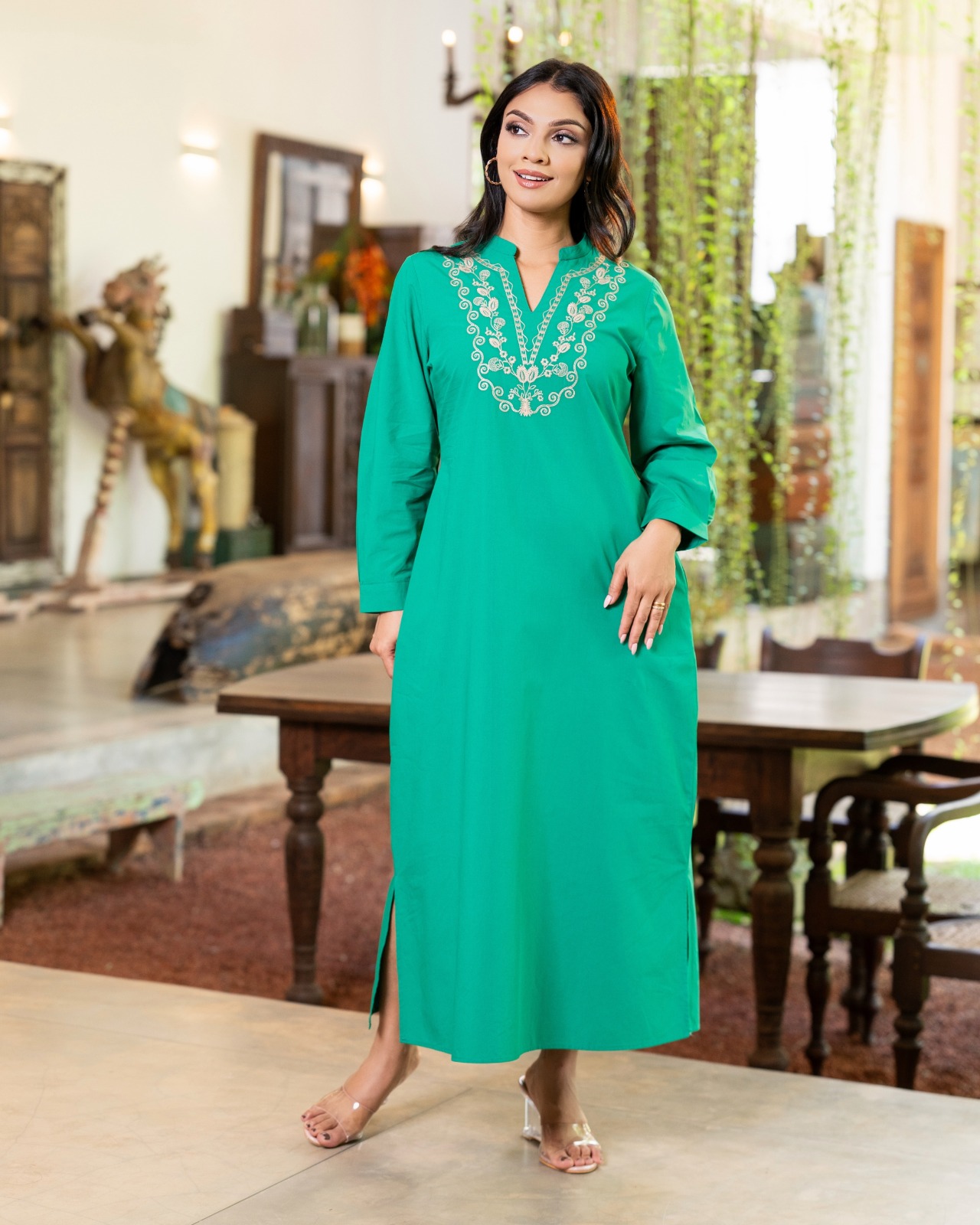 Royal Jade Embroidered Split-Neck Midi Dress - Image 4