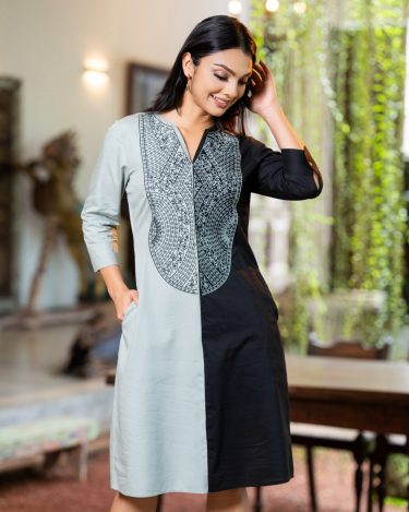 V Neck Dual Tone Embroidered Artistry Short Dress